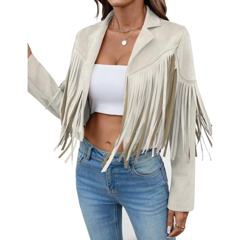imageWomens Faux Suede Leather Tassel Jackets With Lining Cropped Fringe Coats For Women 2025 Fall Fashion Must HavesBeige