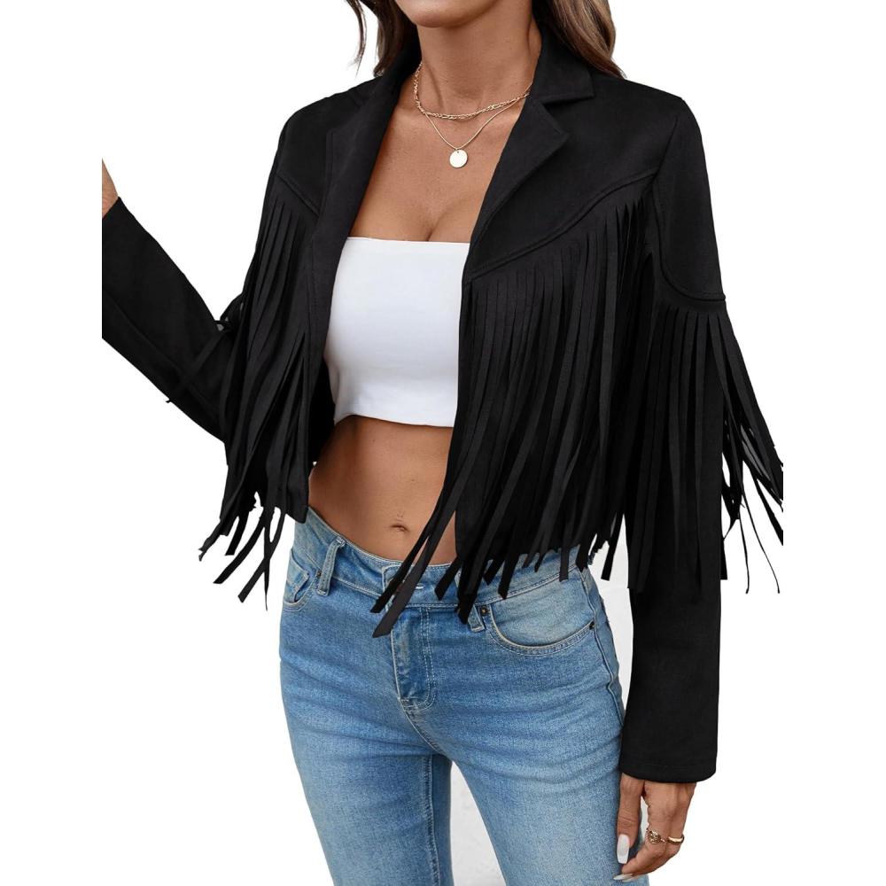 imageWomens Faux Suede Leather Tassel Jackets With Lining Cropped Fringe Coats For Women 2025 Fall Fashion Must HavesBlack