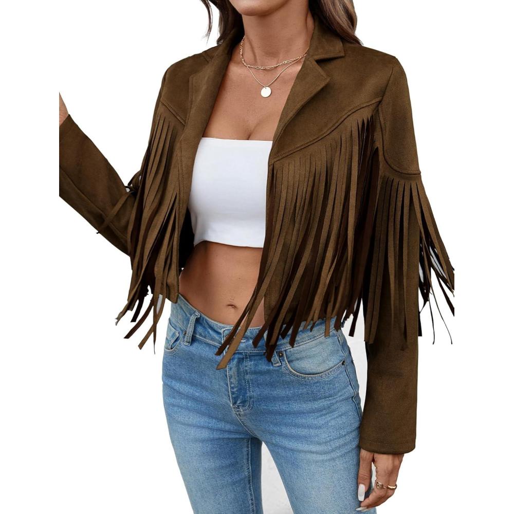 imageWomens Faux Suede Leather Tassel Jackets With Lining Cropped Fringe Coats For Women 2025 Fall Fashion Must HavesDark Brown
