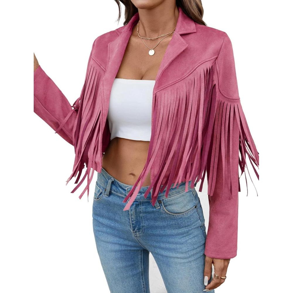 imageWomens Faux Suede Leather Tassel Jackets With Lining Cropped Fringe Coats For Women 2025 Fall Fashion Must HavesPink