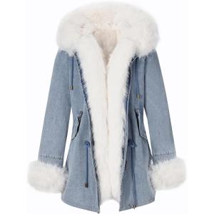 Bellivera Women Twill Parka Jacket, Winter Fashion Warm Long Hood Coat with Faux Fur Collar(Beige Sherpa Fleece Jean Jackets)