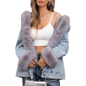 Bellivera Women Twill Parka Jacket, Winter Fashion Warm Long Hood Coat with Faux Fur Collar(Black Faux Fur Jean Outerwear)