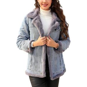 Bellivera Women Twill Parka Jacket, Winter Fashion Warm Long Hood Coat with Faux Fur Collar(Gray Denim)