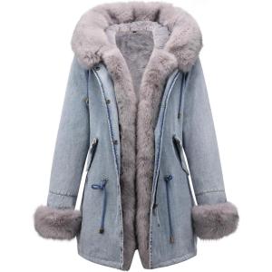 Bellivera Women Twill Parka Jacket, Winter Fashion Warm Long Hood Coat with Faux Fur Collar(Grey Sherpa Fleece Jean Jackets)