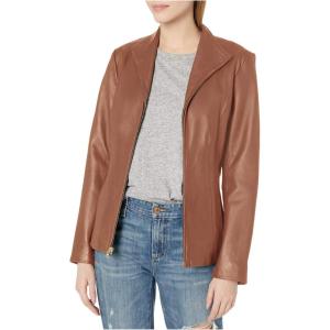 Cole Haan womens Fully Lined Wing Collar Leather Coat(Cognac)