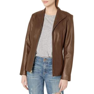 Cole Haan womens Fully Lined Wing Collar Leather Coat(Hickory)