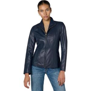 Cole Haan womens Fully Lined Wing Collar Leather Coat(Midnight)