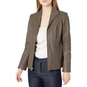 Cole Haan womens Fully Lined Wing Collar Leather Coat(Stone)