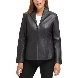 Cole Haan womens Fully Lined Wing Collar Leather Coat(True Black)