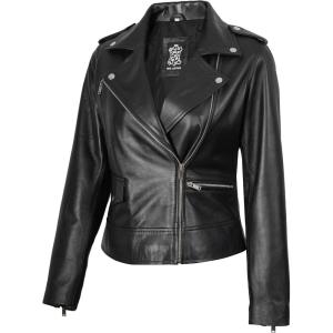 Decrum Womens Leather Jacket – Asymmetrical Style Casual Leather Jackets for Women(Amber – Black Leather Jacket)