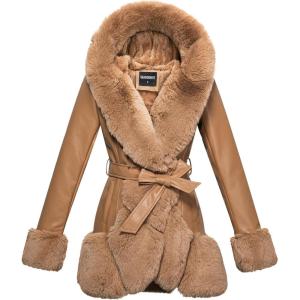GRAN ORIENTE Women’s Faux Leather Coat with Faux Fur Collar,Winter Warm Belted Mid Length Trim Jacket Fur Lined with Hood(A Light Camel)