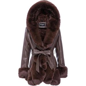 GRAN ORIENTE Women’s Faux Leather Coat with Faux Fur Collar,Winter Warm Belted Mid Length Trim Jacket Fur Lined with Hood(Brown)