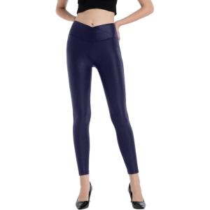 HARTPOR Women’s Faux Leather Leggings Stretch High Waisted Shiny Leggings Leather Pants Pleather Leggings Yoga Pants(V Cross Waist-navy)