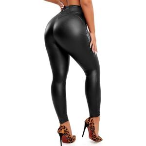 KIWI RATA Womens Faux Leather Leggings Stretch High Waisted PU Leather Pants(B-booty Lift Black)
