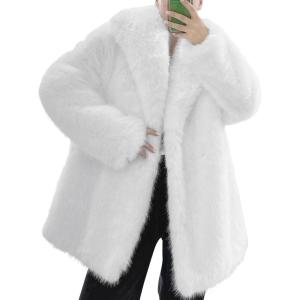 Kissonic Women’s Long Faux Fur Coat Lapel Shaggy Winter Jacket Luxury Warm Furry Open Front Outerwear(White)