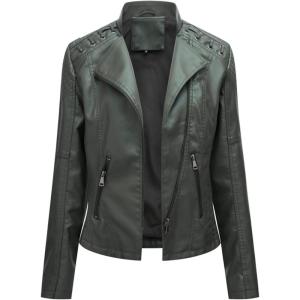 Lu’s Chic Women’s Motorcycle Jacket Fashion Dressy Vegan Leather Biker Coat Light Slim Fit Crop Blazer Moto Jacket(Army Green)