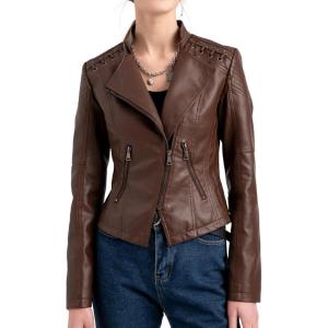 Lu’s Chic Women’s Motorcycle Jacket Fashion Dressy Vegan Leather Biker Coat Light Slim Fit Crop Blazer Moto Jacket(Coffee)