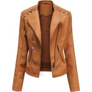 Lu’s Chic Women’s Motorcycle Jacket Fashion Dressy Vegan Leather Biker Coat Light Slim Fit Crop Blazer Moto Jacket(Light Coffee)