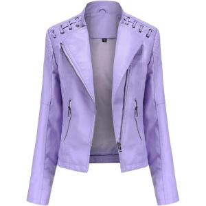 Lu’s Chic Women’s Motorcycle Jacket Fashion Dressy Vegan Leather Biker Coat Light Slim Fit Crop Blazer Moto Jacket(Light Purple)