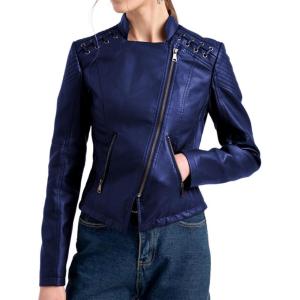 Lu’s Chic Women’s Motorcycle Jacket Fashion Dressy Vegan Leather Biker Coat Light Slim Fit Crop Blazer Moto Jacket(Navy)