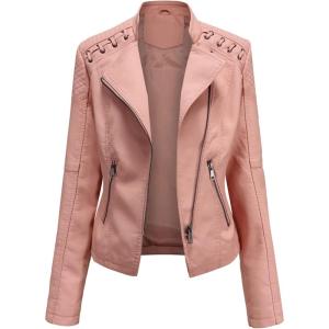 Lu’s Chic Women’s Motorcycle Jacket Fashion Dressy Vegan Leather Biker Coat Light Slim Fit Crop Blazer Moto Jacket(Pink)