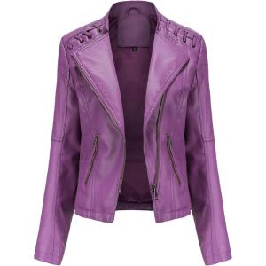 Lu’s Chic Women’s Motorcycle Jacket Fashion Dressy Vegan Leather Biker Coat Light Slim Fit Crop Blazer Moto Jacket(Purple)