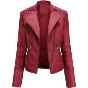 Lu’s Chic Women’s Motorcycle Jacket Fashion Dressy Vegan Leather Biker Coat Light Slim Fit Crop Blazer Moto Jacket(Red)