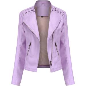 Lu’s Chic Women’s Motorcycle Jacket Fashion Dressy Vegan Leather Biker Coat Light Slim Fit Crop Blazer Moto Jacket(Rose)