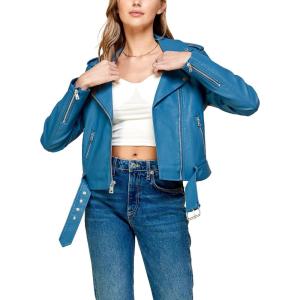 Made By Johnny MBJ Womens Faux Leather Zip Up Moto Biker Jacket with Stitching Detail(Wjc1849_blue)