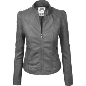 Made By Johnny MBJ Womens Faux Leather Zip Up Moto Biker Jacket with Stitching Detail(Wjc746_grey)