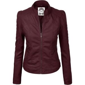 Made By Johnny MBJ Womens Faux Leather Zip Up Moto Biker Jacket with Stitching Detail(Wjc746_wine)