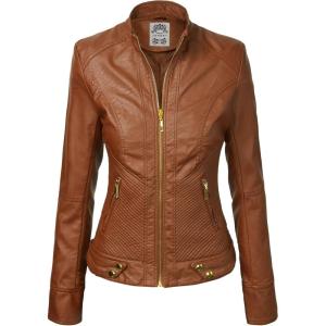 Made By Johnny MBJ Womens Faux Leather Zip Up Moto Biker Jacket with Stitching Detail(Wjc747_camel)