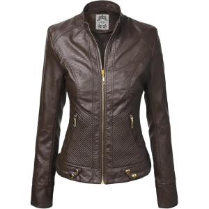 Made By Johnny MBJ Womens Faux Leather Zip Up Moto Biker Jacket with Stitching Detail(Wjc747_coffee)
