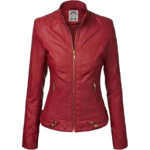 Made By Johnny MBJ Womens Faux Leather Zip Up Moto Biker Jacket with Stitching Detail(Wjc747_red)
