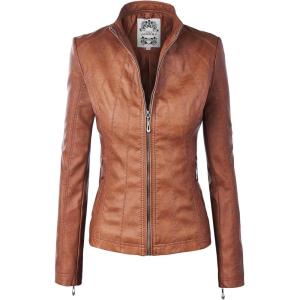 Made By Johnny MBJ Womens Faux Leather Zip Up Moto Biker Jacket with Stitching Detail(Wjc877_camel)