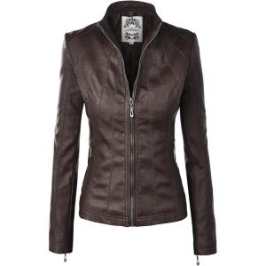 Made By Johnny MBJ Womens Faux Leather Zip Up Moto Biker Jacket with Stitching Detail(Wjc877_coffee)