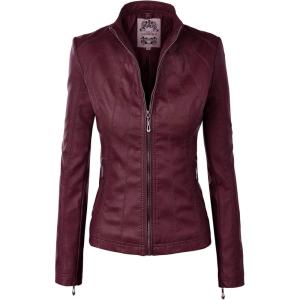 Made By Johnny MBJ Womens Faux Leather Zip Up Moto Biker Jacket with Stitching Detail(Wjc877_wine)