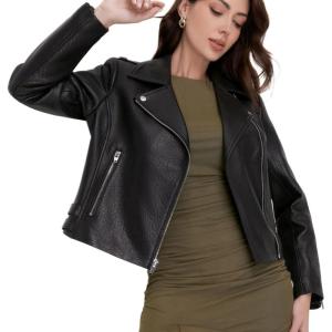 SILVER FASHIONS Lambskin Leather Jacket Women,Motorcycle Jacket,Asymmetrical Zip Style,Buckle Belts,Quilted Details(Black Bubble Lamb)