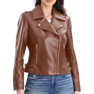 SILVER FASHIONS Lambskin Leather Jacket Women,Motorcycle Jacket,Asymmetrical Zip Style,Buckle Belts,Quilted Details(Brown)