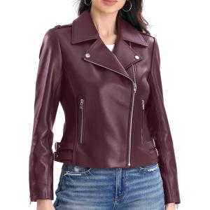 SILVER FASHIONS Lambskin Leather Jacket Women,Motorcycle Jacket,Asymmetrical Zip Style,Buckle Belts,Quilted Details(Burgundy)