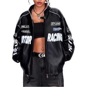 SOLY HUX Women’s Faux Leather Motorcycle Jacket Y2k Racing Graphic Bomber Jackets Coat Streetwear(Black Graphic)