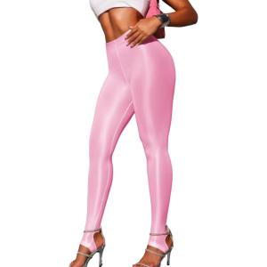 Shiny Leggings for Women, Rave Party Outfits, Sexy Sheer Stirrup Pants High Waist Waisted See Through Mesh Tights(Light Pink)