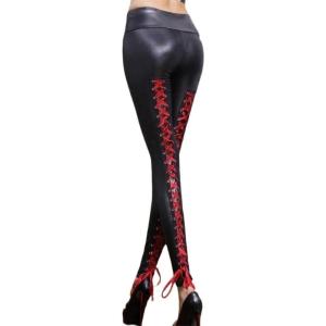 Sorrica Faux Leather Leggings for Women Sexy Lace Up Back Clubwear Skinny Pants(Red)