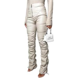 Sumleno High Waist Stacked Pants for Women Faux Leather Ruffle Ruched Leggings Y2k Black Pleated Sexy Aesthetic Streetwear(Beige)