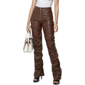 Sumleno High Waist Stacked Pants for Women Faux Leather Ruffle Ruched Leggings Y2k Black Pleated Sexy Aesthetic Streetwear(Brown)