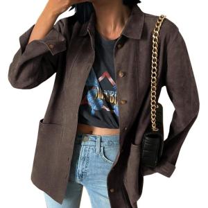 Tankaneo Womens Faux Suede Jackets Button Down Long Sleeve Shackets Coat Trendy 2025 Spring Clothes(Dark Brown)