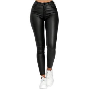 WDIRARA Women’s High Waisted PU Leather Leggings Stretchy Skinny Pants with Pockets(Black)