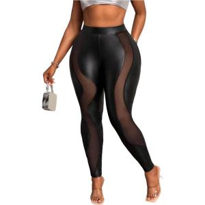 WDIRARA Women’s Plus Size Mesh PU Leather Skinny Pants Elastic Waist Leggings(Black)