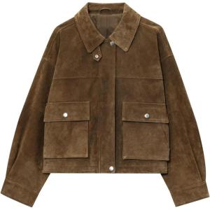 Womens Faux Leather Cropped Bomber Jacket Casual Vintage Zip Up Stand Collar Motorcycle Short Coat Jacket with Pockets(Brown)