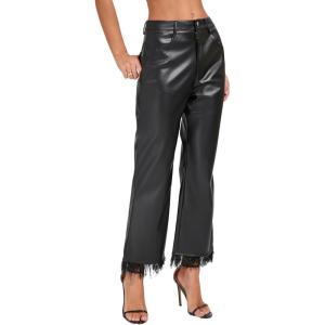 Women’s Faux Leather Pants with Feather Hem Mid Rise Wide Legging Straight Pants with Pockets(Black)